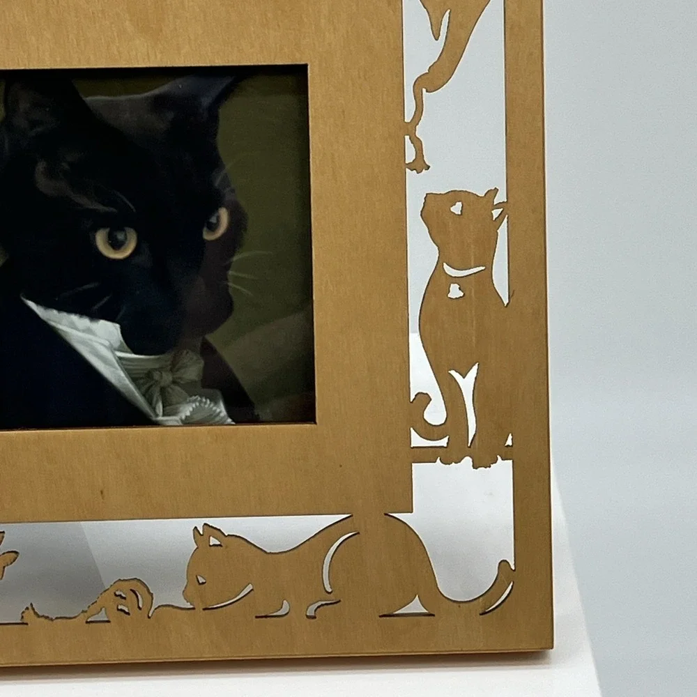 Wood Carved Cut Out‎ Cat Kitten Picture Frame Plants Quirky Kitschy Photo Gift